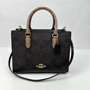 Coach Maggie Small Tote Bag In Blocked Signature Canvas Gold/Walnut/Tan CY676